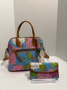 Dooney & Bourke Blue Hydrangea Monogram Celeste Satchel Bag & Matching Wallet